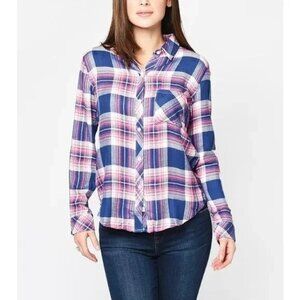 Womens Long Sleeve Button-Down Plaid Shirt Size 16 Blue pink white fall winter